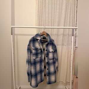 Blue and White Plaid Women's Pea Coat